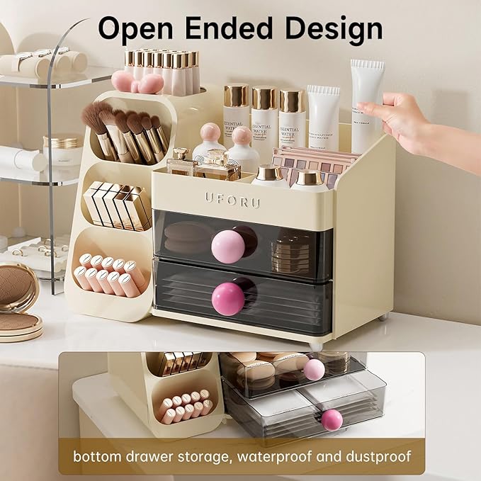 Makeup Organizer for Vanity with Brush Holder, Countertop Organizer with 2 Drawers, Spacious Cosmetic Display Case for Beauty Essential, Skincare, Lipstick