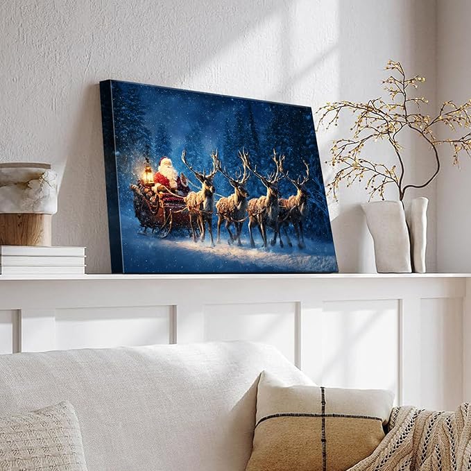 Vintage Santa's Sleigh Christmas Canvas Wall Art - Festive Winter Journey Framed Print for Bedroom Decor, Rustic Christmas Wall Art with Wood Frame, Ideal Christmas Gifts & Cozy Holiday Decorations