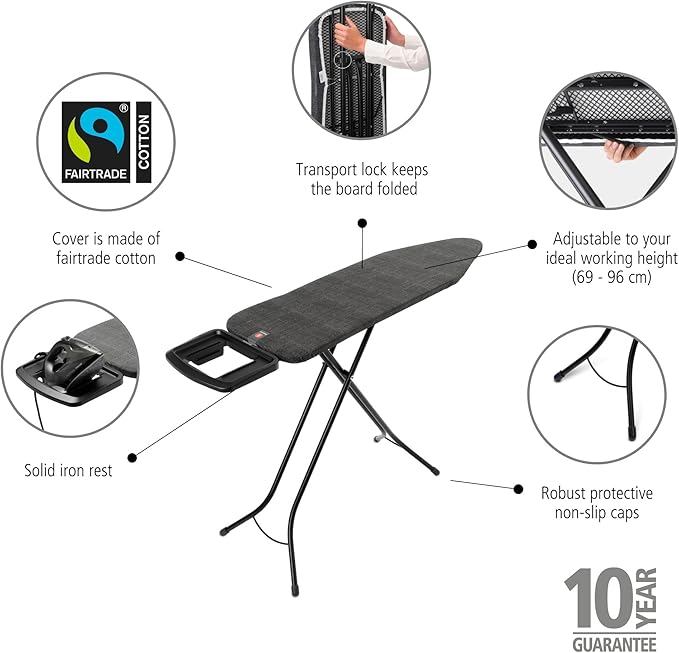Brabantia - Ironing Board B – Solid Steam Iron Rest – Adjustable Height – Non-Slip Rubber Feet – 100% Fairtrade Cotton Cover with Foam Padding – Foldable – Denim Black – Size B (49 x 15 in)