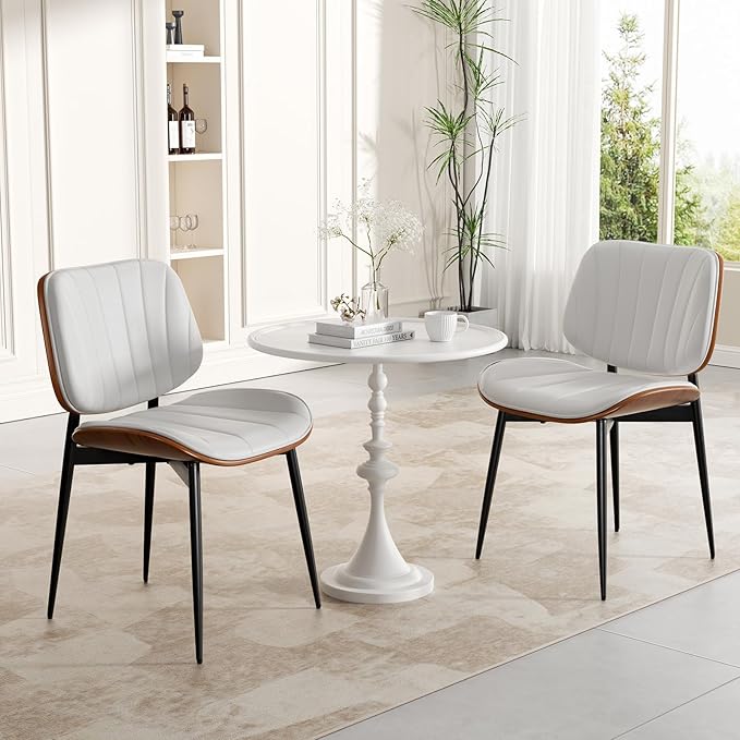 Dining Chair, Mid Century Modern Dining Room Chairs, Upholstered Faux Leather Kitchen Chairs with Walnut Bentwood Back and Metal Legs for Kitchen Dining Room Living Room, White