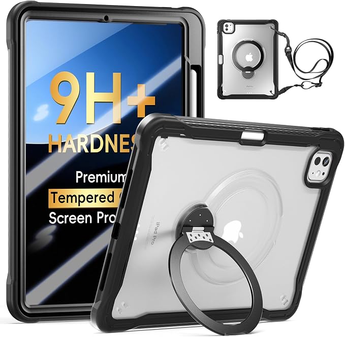 Lunivop Compatible with iPad Pro 11 Inch Case (M5/M4) 2025/2024 with 360° Rotating Aluminium Stan Stand Built-in 9H+ Hardness Screen Protector Military - Grade Tablet Cover Black