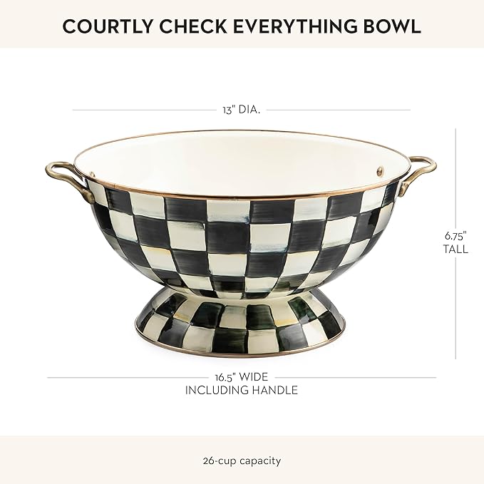 MACKENZIE-CHILDS Enamel Bowl, Serving Bowl for Entertaining, Everything Bowl, Black-and-White Courtly Check