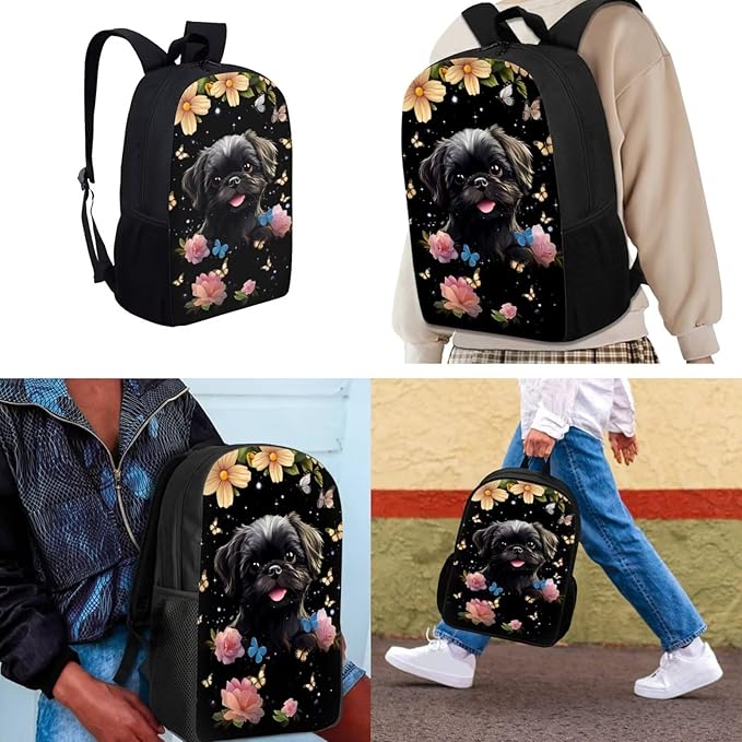 Pekingese Kids School Bookbag 3 in 1 Set for Boys Girls, Kids Backpack with Lunch Box Pencil Case, Lightweight Girls Backpack for Elementary Middle School, Black