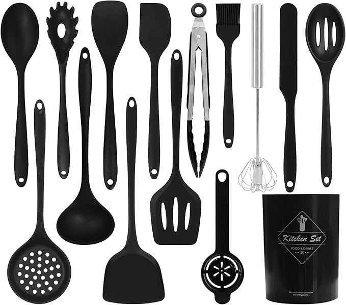 CQKEDMA Silicone Kitchen Utensils Set 15PC Cooking Utensils Set, Heat Resistant Kitchen Gadgets Sets for Nonstick Cookware with Holder, Turner, Tongs, Whisk, Spoons, Spatulas, Brush, Black
