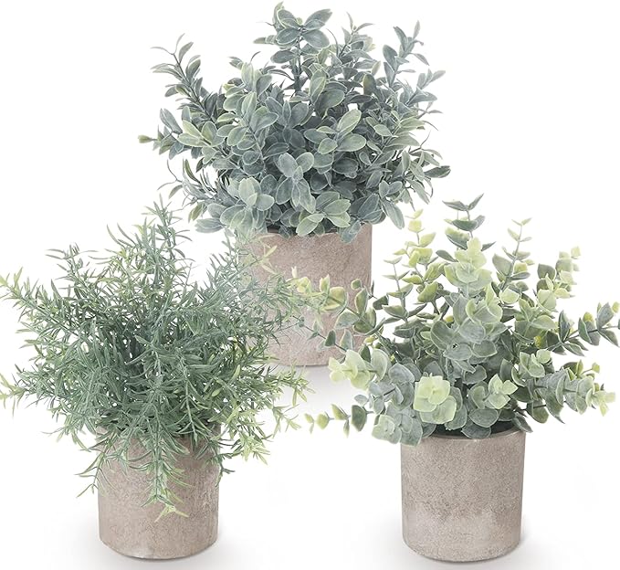 Fake Plants,3 Pack Small Artificial Plants Indoor Mini Potted Faux Plants For Home Decor,Eucalyptus Greenery Plastic Green Grass Fake Plants for Shelves Desk Bathroom Bedroom Farmhouse Shelf Decor