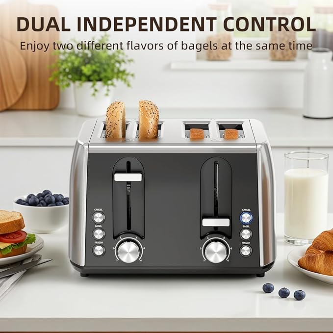 Havato 4 Slice Toaster, 6 Browning Settings, Removable Crumb Tray, Stainless Steel Bread Toaster for Bagels, Muffins, Waffles, Defrost, Cancel Button, 120V 1800W