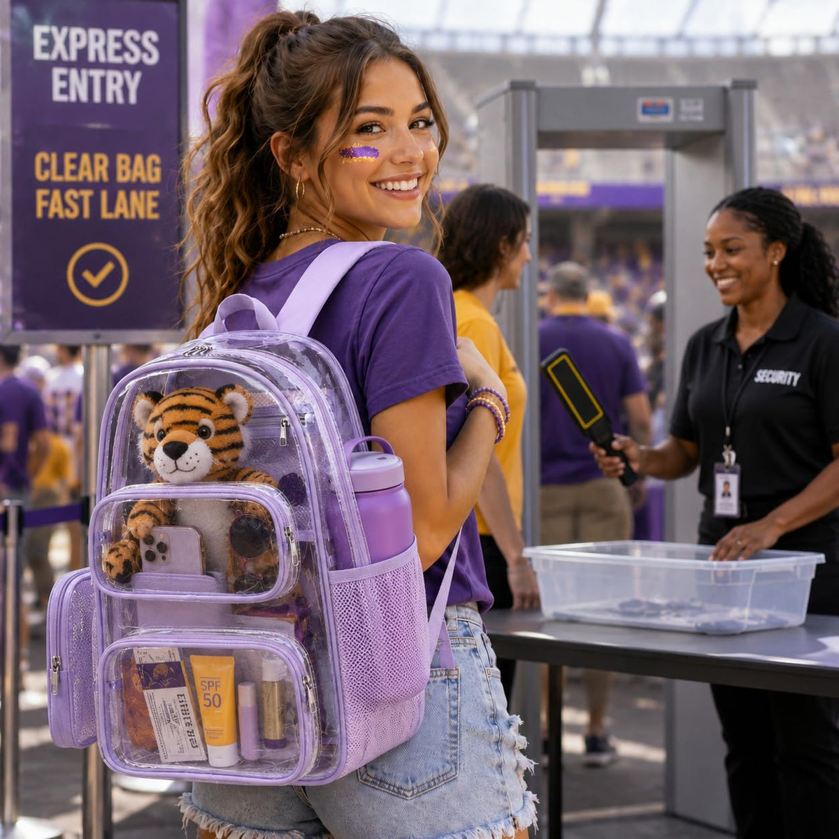 BTOOP Clear Backpack Heavy Duty Transparent Backpack 17" See Through Bookbag for College Work Festival Security Padded Strap (Purple)