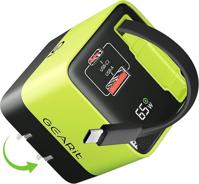 GEARit 65W GaN Charger Retractable USB C Cable + 2 Ports Digital Display | Retractable USB-C wall charger for iPhone Samsung Galaxy Watch earbuds. Foldable plug GaN fast charge wattage display