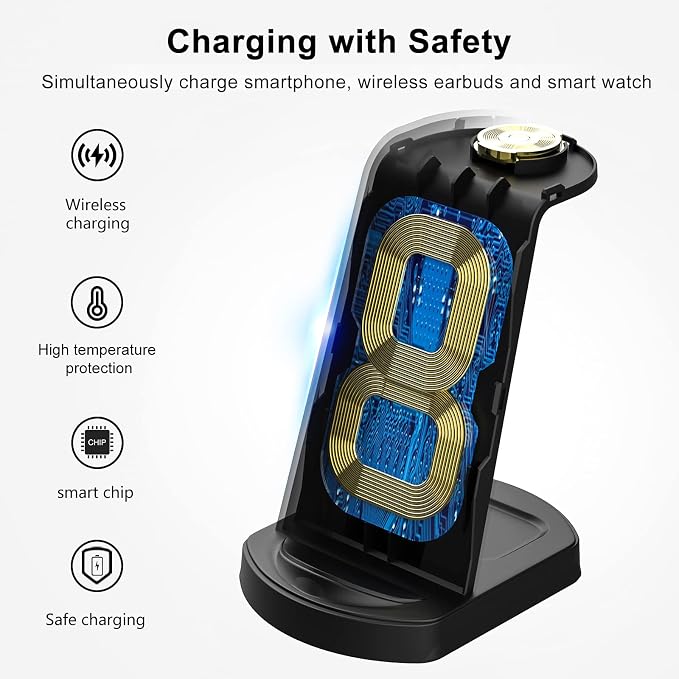 Aoresac 15W Fast Charging Dock 3 in 1 Wireless Charging Station Smartphone Watch Earbuds Stand Holder with Anti Slip Design Indicator Light for Home Office Hotel Bar