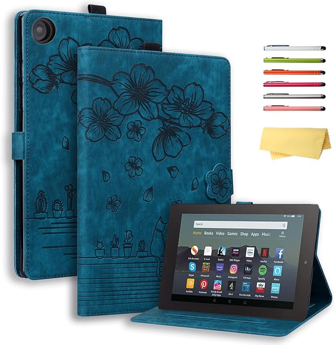 Kindle Fire HD 8 Tablet Case (8th/7th/6th Generation)Smart Stand Synthetic Leather Cover with Auto Wake/Sleep [Card &amp Pencil Holder] for 8 Amazon Fire HD 8 (2018/2017/2016) Blue Sea Beach