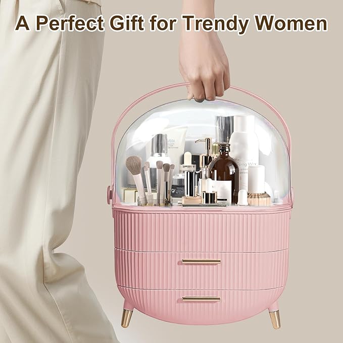 YGJT Make up Organizers and Storage, Makeup Organizer for Vanity, Cosmetics Skincare Organizers with Lid and Drawers, Cosmetic Display Cases for Countertop, Bathroom, Ideal Gifts for Women(Pink)