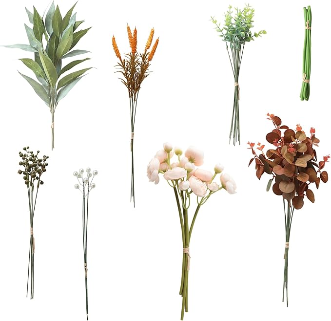 Floroom Artificial Greenery Stems Box Set, 41pcs with 7 Kinds of Faux Greenery Flowers Picks for DIY Bridal Bouquets Wedding Floral Arrangement Table Centerpieces, Terracotta & Cream