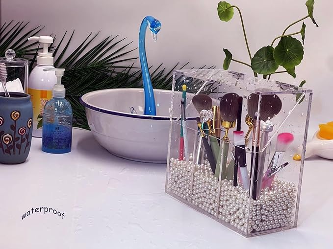 Acrylic Makeup Organizer,Clear Cosmetic Brush Storage Box With 3 Brush Holders,with Dust Cover, Large-capacity Split Design can Quickly Organize the Desktop (with3 bags of white pearls