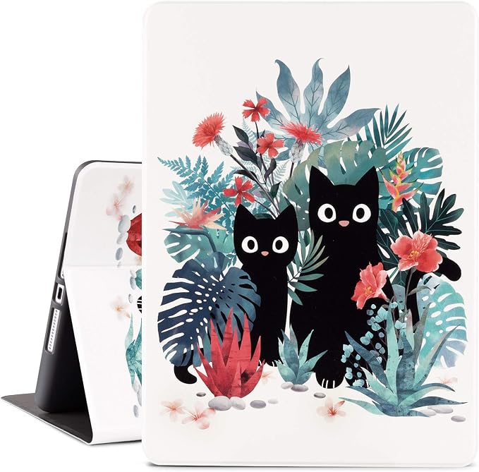 Vimorco for iPad 10.2 Case 9th Generation Cover Flower Cats for iPad 9th/8th/7th Generation Case Slim Soft Rubber Back Adjustable Stand Auto Wake/Sleep Smart Black Cat