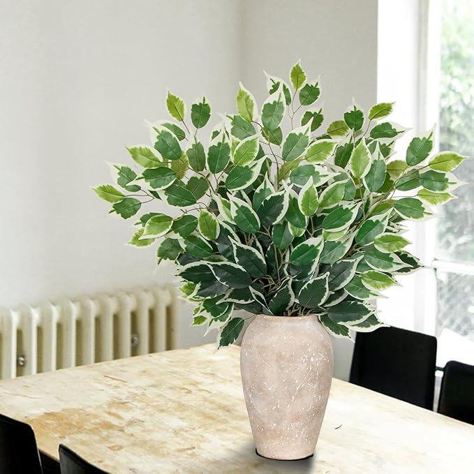 12PCS Ficus Leaves Artificial Branches 24" Faux Ficus Greenery Tree Branches Fake Ficus Leaves Sprays for Tree DIY Arch Wedding Wall Decor - Green & White