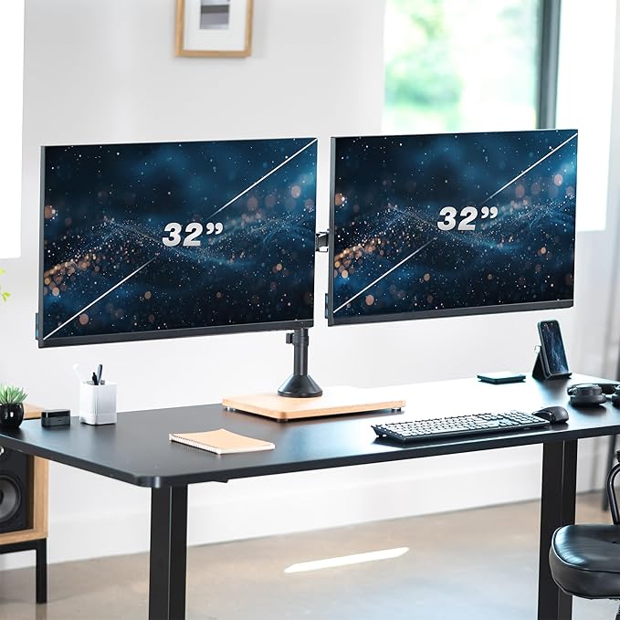 VIVO Freestanding Dual Monitor Stand with Solid Wood Base and Adjustable Arms, Mounts 2 Screens up to 32 inch and 22 lbs Each, Black, STAND-V002FD-B