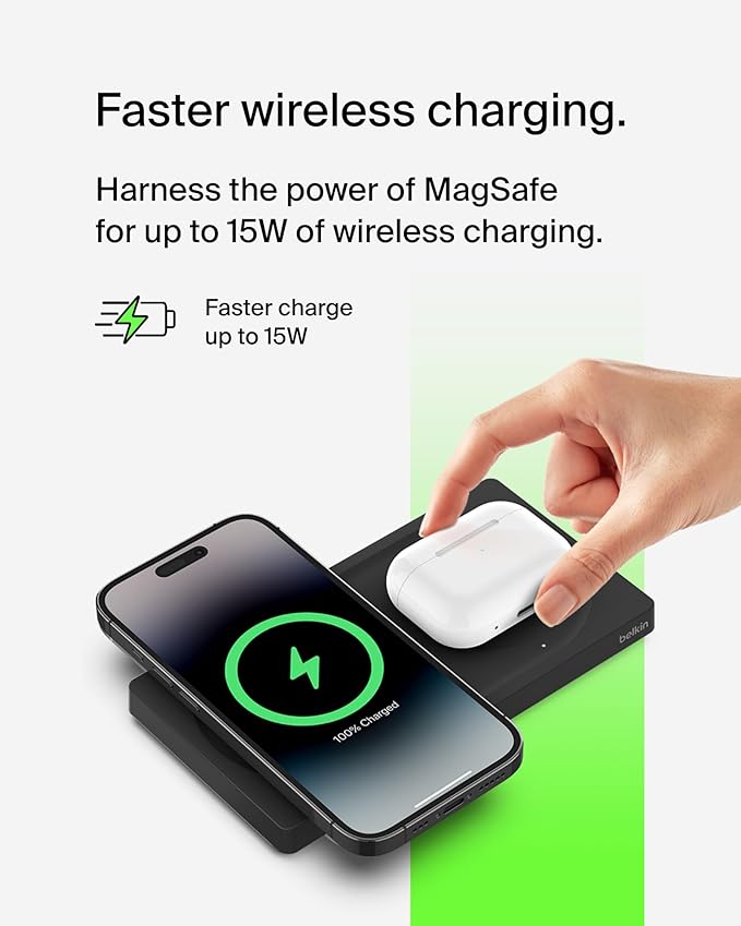 Belkin 2-in-1 Wireless Charging Pad with MagSafe 15W, Fast Charging iPhone Charger - Wireless Charging Station for iPhone 17, 16, 15, and 14 Series, AirPods, and Other MagSafe Enabled Devices - Black