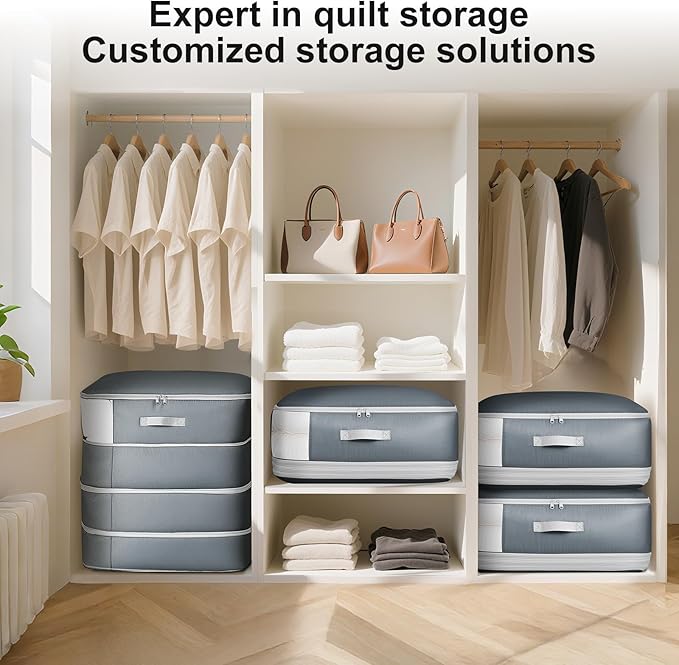 Comforter Storage Bag - 130L Large Capacity Blanket Storage Bags 4-Layer Ultra Space Saving Self Compression Organizer, Washable Compression Bags for Storage Comforter Blanket, 2-Pack, Grey