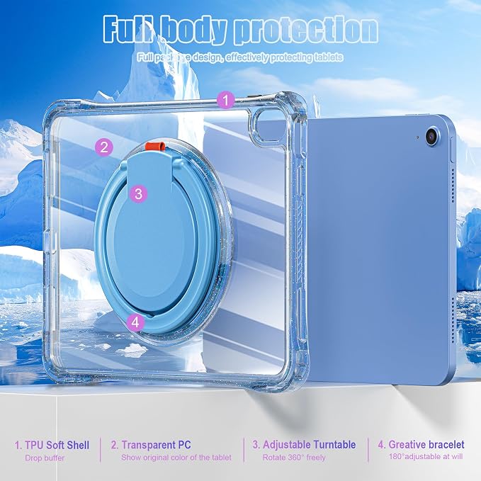 MEEgoodo Case for iPad A16 11th Generation 11 inch 2025 Cover for iPad 10th Generation 2022 Glitter Tablet Cases with Soft TPU &amp Transparent PC &amp Rotating Stand for Kids Light Blue