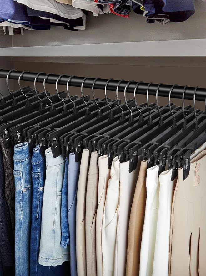 Smartor Space Saving Heavy Duty Hangers - 90 Pack, Slim Plastic Pants and Shorts Hangers, Ridged Non-Slip with Pinch Clips, 360-Rotating Chrome Swivel Hook, Black, 14 Inches