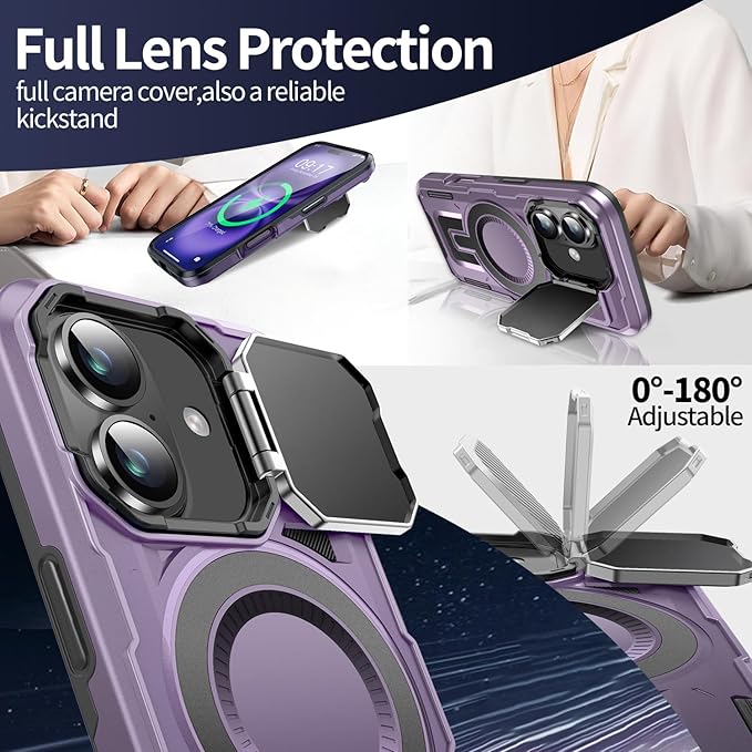Camera Stand Case for iPhone 16 Plus, [Compatible with Mag Safe] [Lens Cover] 2024 Version Military Grade Protective Soft Case for iPhone 16 Plus 6.7 inch Men Women,Purple