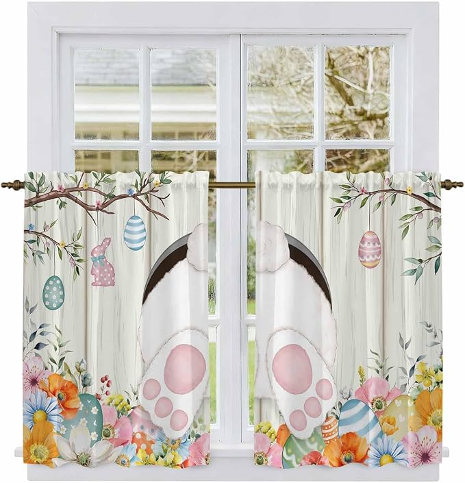 Easter Kitchen Curtains 54 Inch Long 2 Panel Set, Rod Pocket Window Curtains