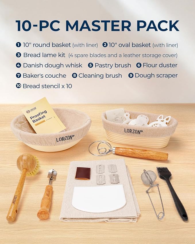 Clearance Final Stock - Lorzon Banneton Bread Proofing Basket Gift Set of 2 (10" Round & Oval Rattan) - Sourdough Bread Baking Supplies Making Tools with Bakers Couche & Sourdough Starter Kit