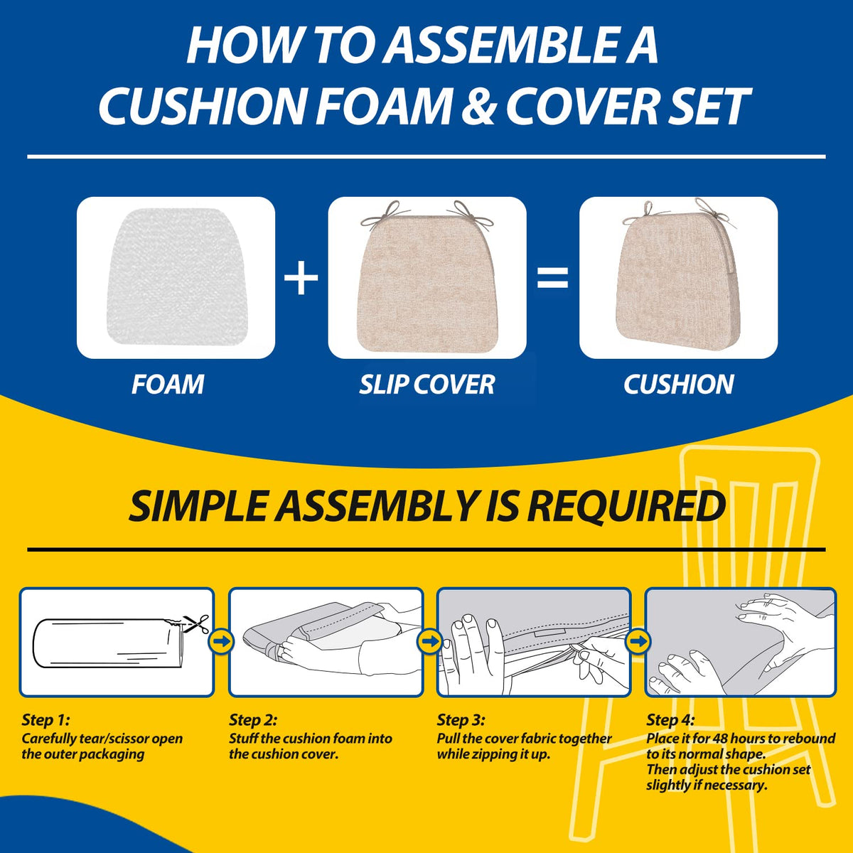 AAAAAcessories D-Shaped Chair Cushions, 2" Thick Dining Chair Pads with Ties and Removable, Machine-Washable Cover, 17" x 16", Set of 4, Beige