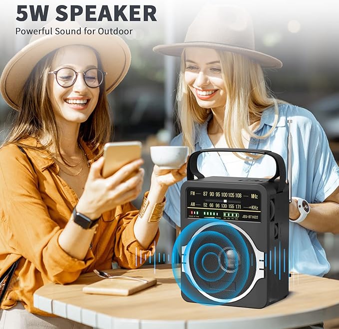 JEUJUG Portable AM FM Radio, Bluetooth 5.0 Radios 5 Watts Loud Speaker,FM Radio Built-in Rechargeable Battery/DC D*4 Cell Battery Operated & AC Power Plug in Wall Black