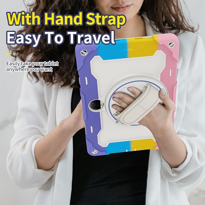 Tablet Case for Honor Pad 9 12.1 Kids Rainbow Heavy Duty Silicone Shockproof Case with Pencil Holder Shoulder Strap Rotating Fold Kickstand Hand Strap