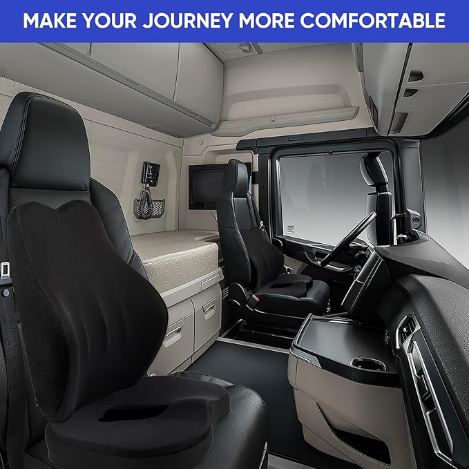 MINUPWELL Truck Seat Cushion, 2PC 100% Memory Foam Seat Cushion for Truck Driver, with Back Support, Semi Truck Accessories for Men -Seat cushion-18x14.5x3.5in, Lumbar Cushion-16.5x15.4x5