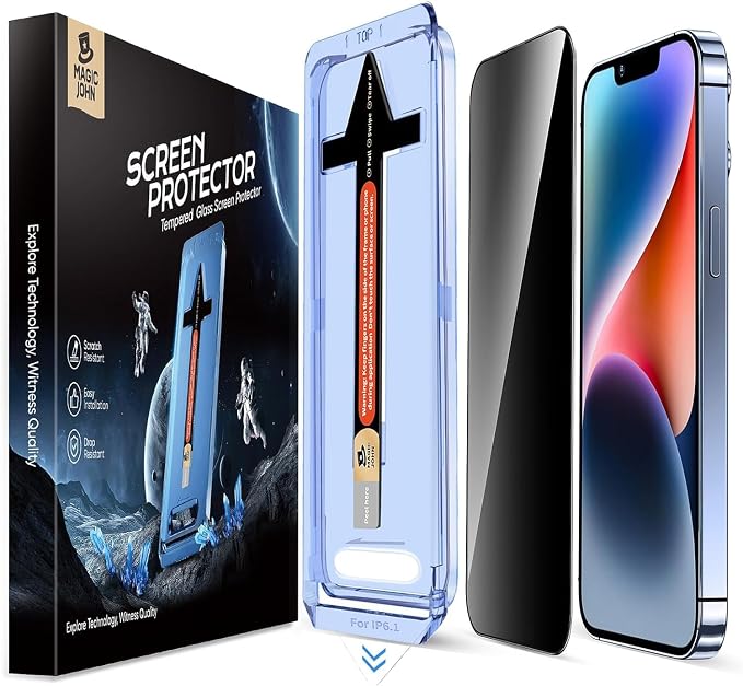MAGIC JOHN Privacy 2 Pack for iPhone 13/13Pro/14/16e Glass Screen Protector | 6.1 inchEasy InstallationAuto Dust-EliminationBubble FreeTempered Glass