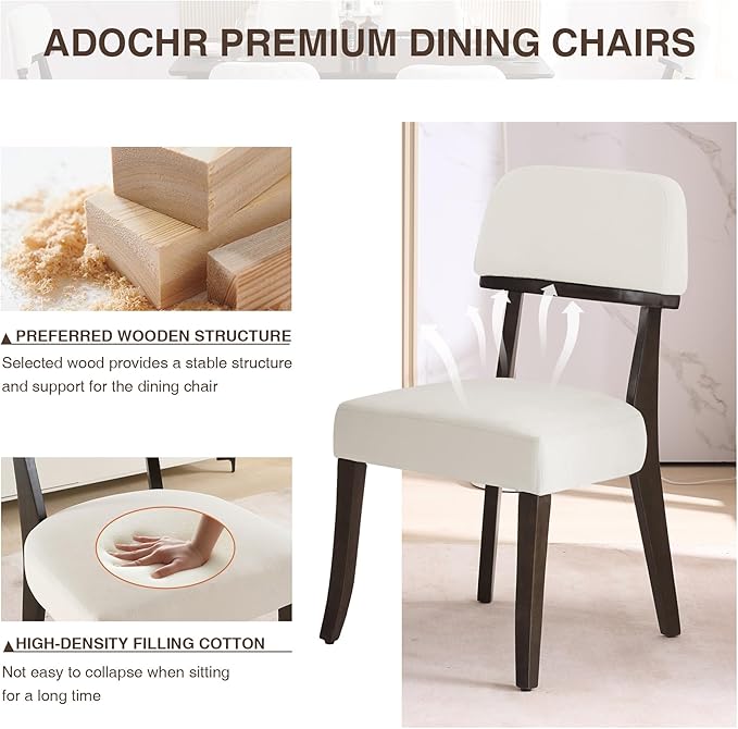 Modern Wood Dining Chairs Set of 2, Velvet Upholstered Kitchen Chairs with Open Curved Backrest & Black Hardwood Legs for Vanity, Living Room, 350 LBS Capacity, White