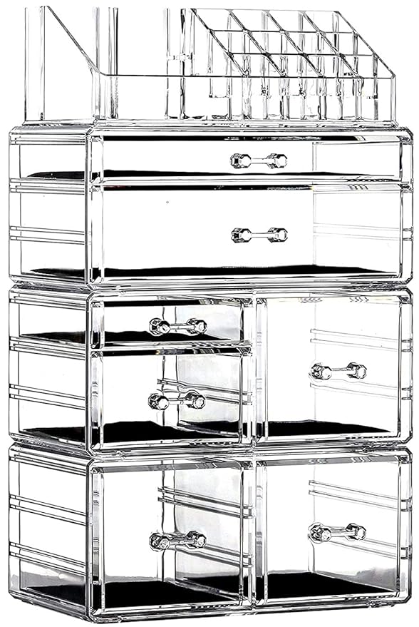 Cq acrylic 4 Pack Clear Make Up Organizers for Vanity,Stackable 7 Drawers Make Up Organizer,Cute Desk Organizer for Vanity Jewelry,Hair Clip,Beauty,Skincare Product Dresser Acrylic Drawer Organizer