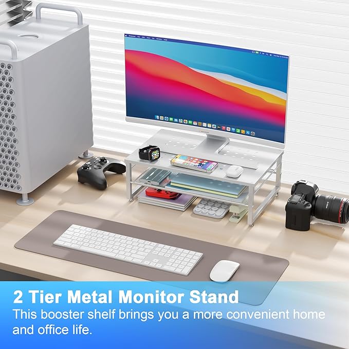 gianotter 2-Tier Metal Monitor Stand Riser, Desk Accessories & Workspace Desk Organizers, Office Desk Storage Organizer for Office Supplies (White)