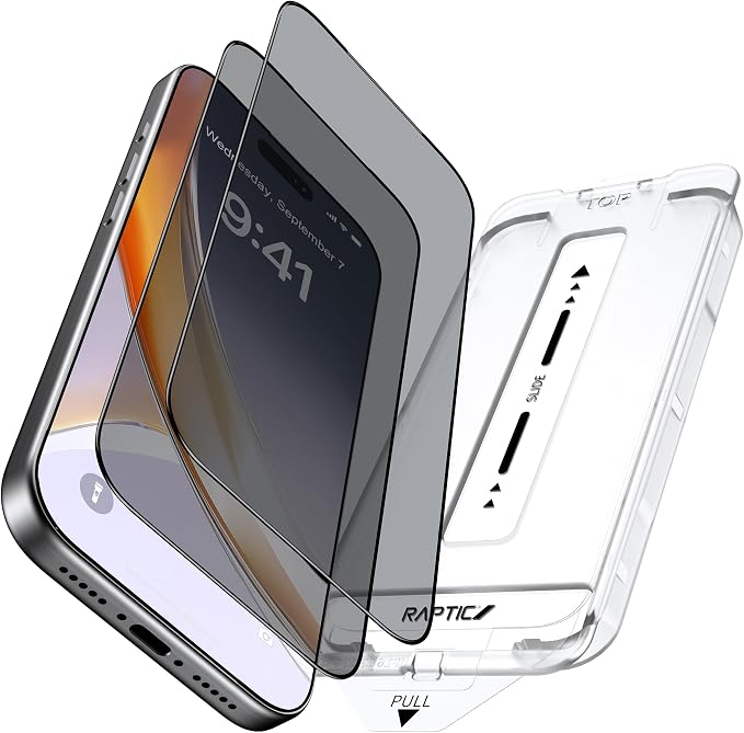 RAPTIC 9H+ Glass for iPhone 17 Privacy Screen Protector (12FT Military Grade Shatterproof) Auto-Alignment Kits Anti-Spy Bubble Free Full Edge Coverage Tempered Glass 2 Pack