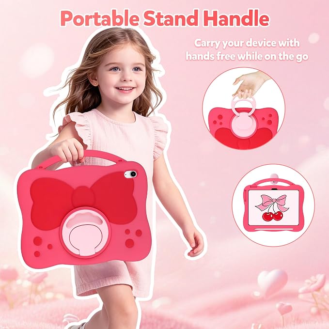 VOFUOE for iPad A16 Case Kids iPad 11th/10th Generation Case 11 Inch 2025 | Cute Bow Soft Silicone iPad 10th Cover 10.9 Inch 2022 for Girls Built-in Handle Rotatable Stand Pencil Holder-Pink Purple