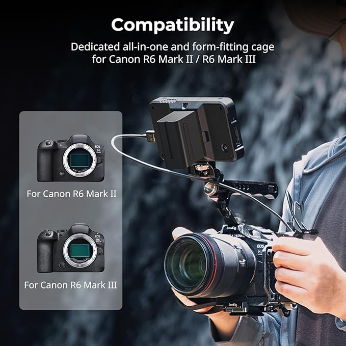 SmallRig“Black Mamba”Camera Cage for Canon R6 Mark II and R6 Mark III,Quick Release Plate for Arca-Type, Film Movie Making Camera Video Cage with Shoe Mount, 1/4''-20 & 3/8''-16 Threaded Holes