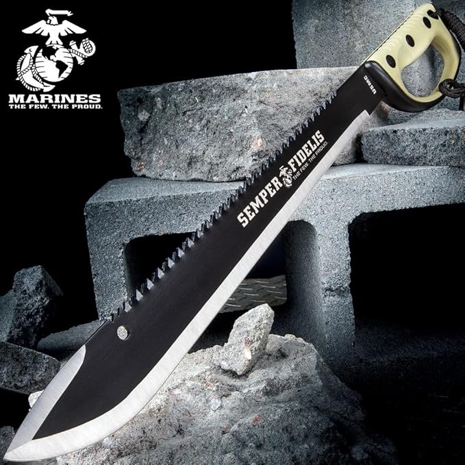 United Cutlery USMC Semper Fi Sawback Machete Knife with Sheath | Full-Tang Machete | 17 1/2" Non-Reflective Stainless Steel Blade | Saber-Style Handguard Handle | Modern Tactical Weapon - 24” Overall
