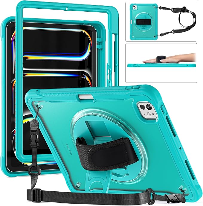 ZenRich Clear Case for iPad Pro 11-inch M5 2025 / M4 2024 LightBlue | Screen Protector Pencil Holder 360°Rotating Kickstand Carrying Strap Shockproof Protective Rugged