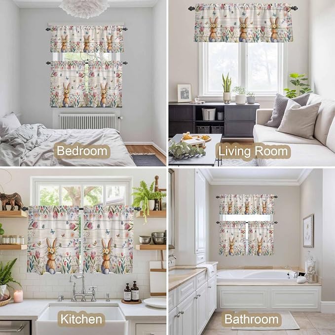 Kitchen Curtains Tiers and Valance Set of 3, Easter Light Filtering Window