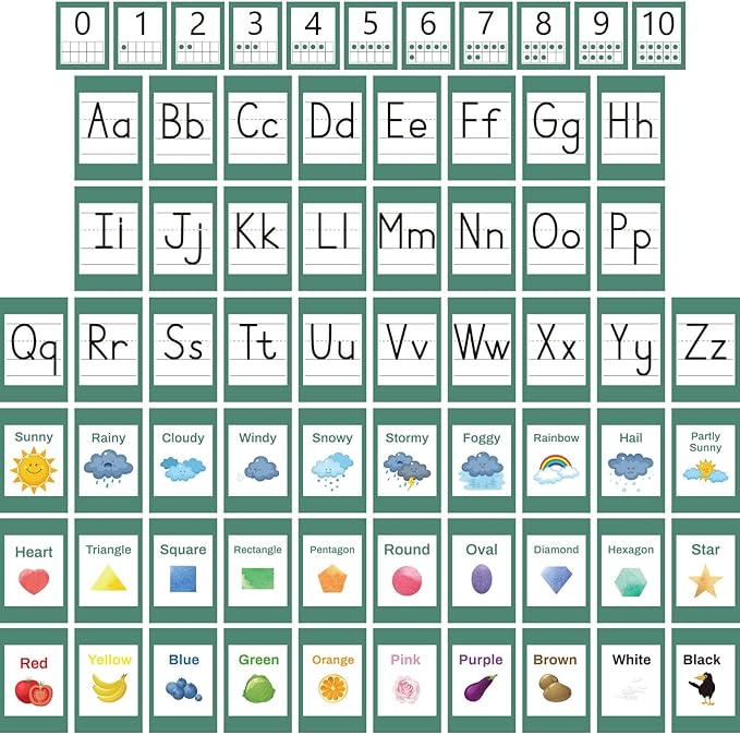 67 PCS Classroom Alphabet Number Educational Poster Cards with Weather Shape Color Learning Cards Decorations, Eucalyptus Green Bulletin Board Letter, School Home Wall Decor for Teacher