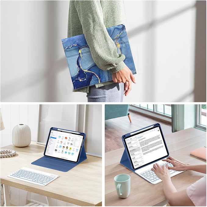 Soke for iPad (A16) 11th/10th Gen Case with Keyboard Black Marble | For iPad 11/10.9 inch(2025/2022) 7 Color Backlight Magnetic wireless Detachable Keyboard Case Built-in Pencil Holder