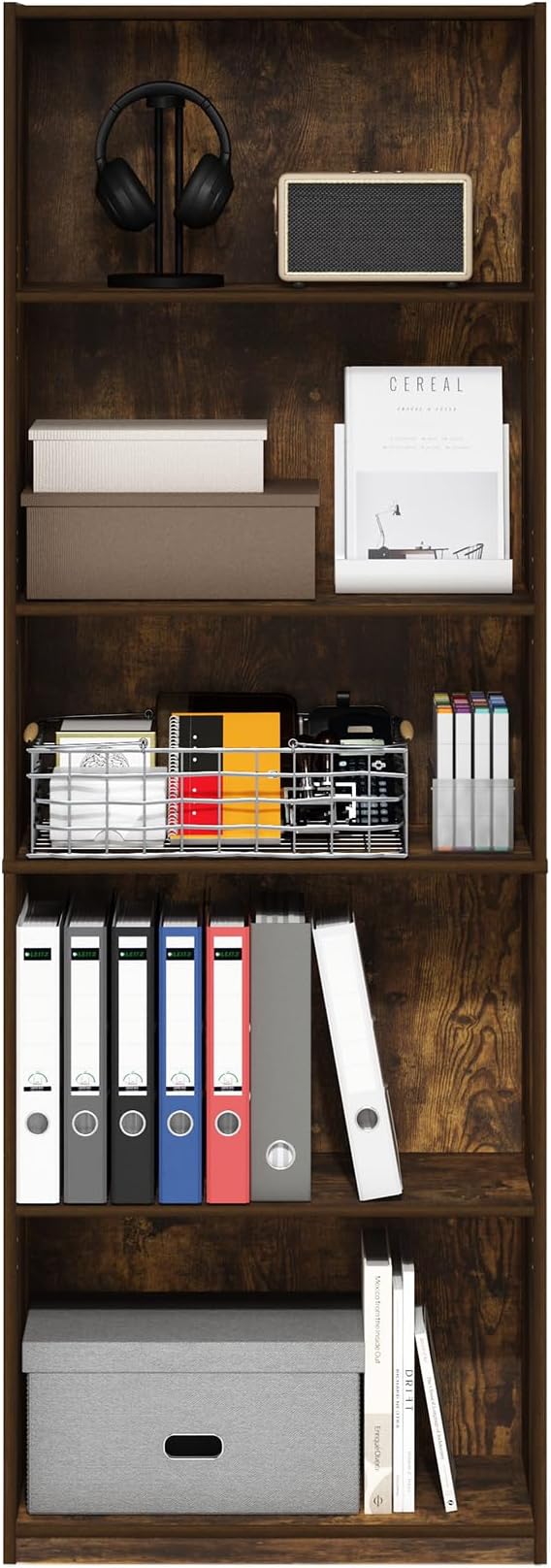 Furinno GEHRY Book Shelf, 5-Tier Bookshelf, Bookcase with Adjustable Shelves, 11.6 x 24.8 x 71.4, for Living Room, Bedroom, Home Office, Amber Pine