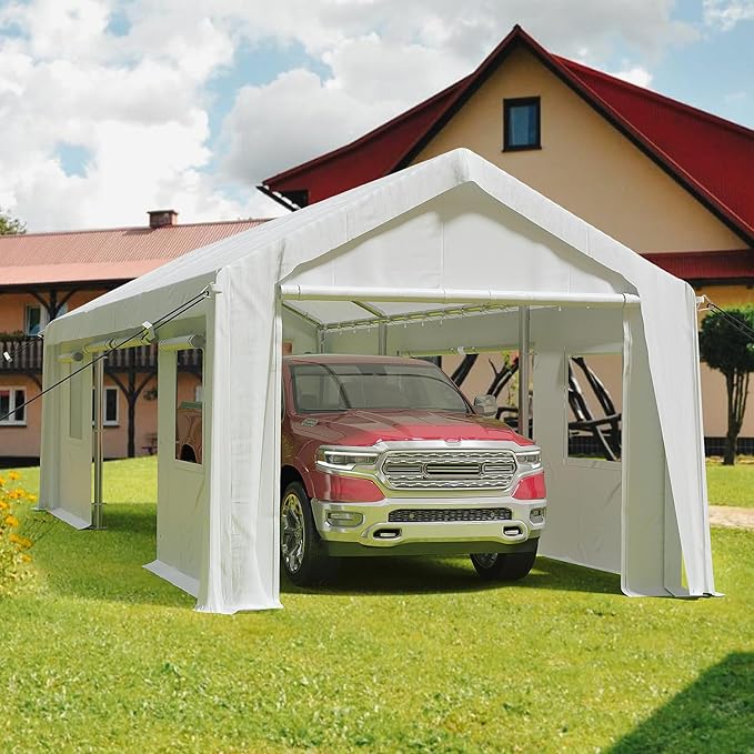 10x20ft Heavy Duty Carport Outdoor Canopy Portable Garage with 4 Doors & 4 Windows Waterproof UV Resistant Storage Shelter with Removable Sidewalls for Car Truck Boat, White