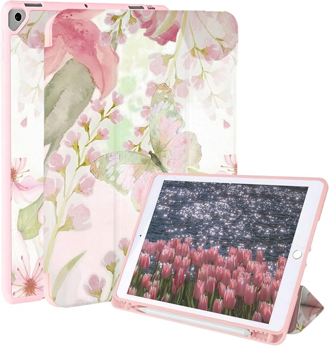 Case for iPad 9th/ 8th/ 7th Generation Case 10.2&amp10.5 Inch (2021/2020/2019 Release) Slim Lightweight Soft Trifold Back Cover with Pencil Holder &amp Auto Sleep/Wake Cover Cherries Cheetah Bows