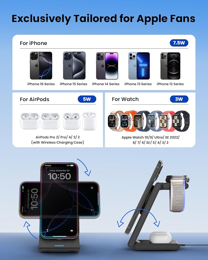 Wireless Charger Stand CIYOYO 3 in 1 Fast Wireless Charging Station Dock for Apple Watch 11/9/8/7/6/SE/5/4/3/2 Airpods 3/2/Pro iPhone 17/16/15/14/14 Plus/14 Pro Max/13/13 Pro/12/12 Pro/SE/X/XR/XS/8