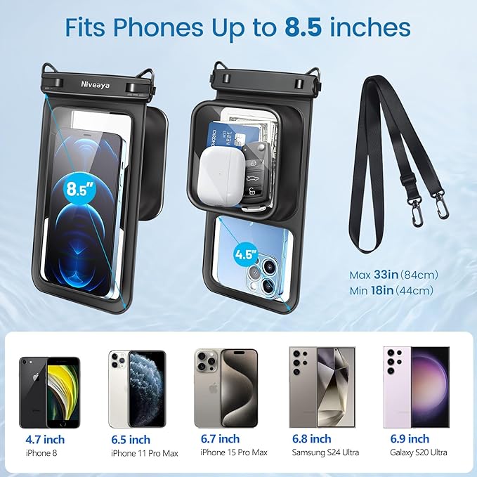 Niveaya [Floatable Floating Waterproof Phone Pouch 2 Pack-Up to 8.5", Large Space Adjustable Neck Lanyard Waterproof Phone Case, Phone Dry Bags for Vacation Beach Pool Kayak Cruise Travel Essentials