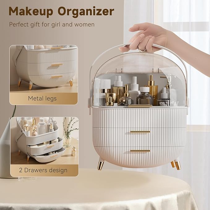 Makeup Organizers, Make Up Organizers for Vanity, Countertop Cosmetic Storage with Drawers and Transparent Cover for Bedroom Bathroom(White)