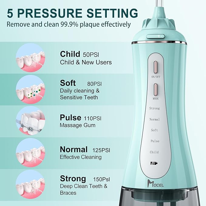 MOCEL Water Dental Flosser for Teeth - 350ML Large Tank 5 Modes & 6 Tips Cordless, Oral Irrigator Waterproof, Portable Teeth Cleaning and Flossing with Effective Plaque Remover for Adults (Green)